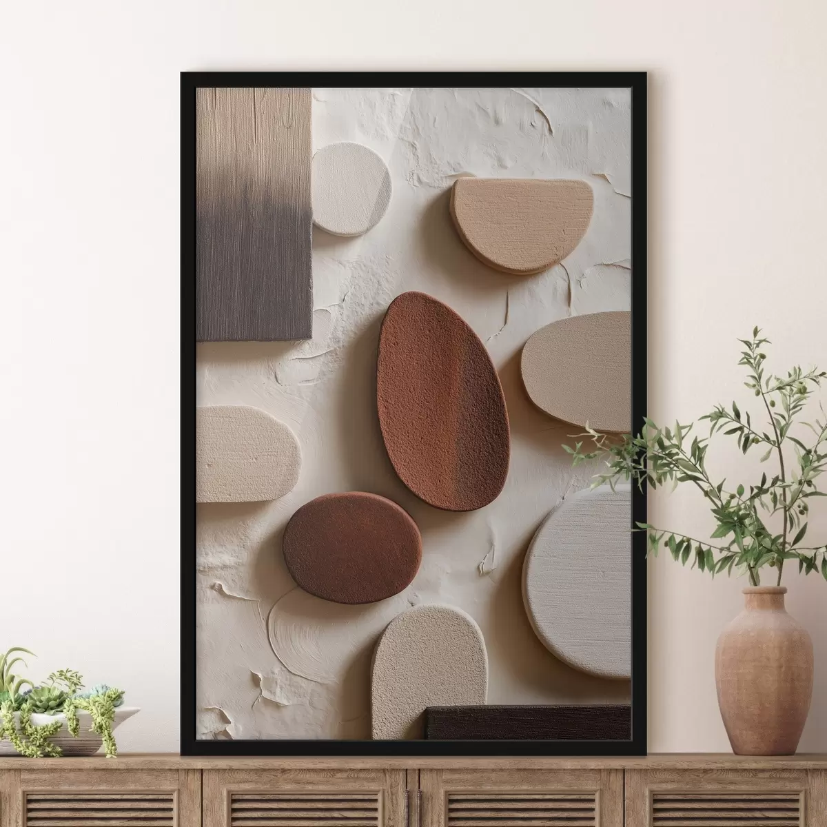Poster Composition abstraite avec des formes géométriques tridimensionnelles sur un fond en relief f45409