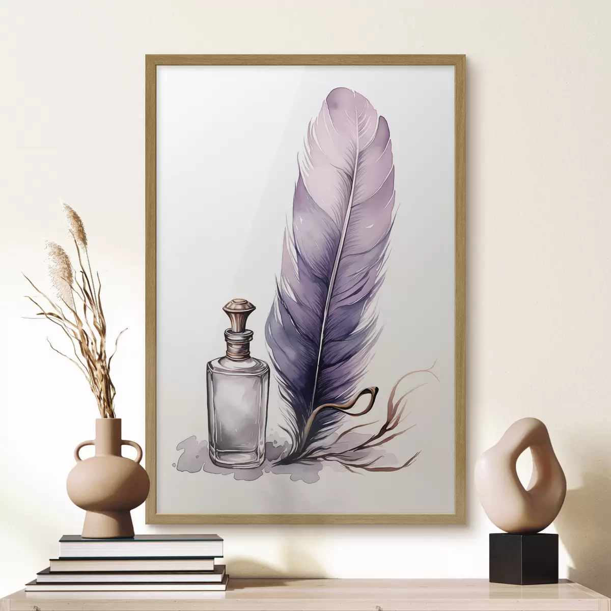 Poster Illustration à l'aquarelle d'une plume et d'une bouteille d'encre en verre f45410