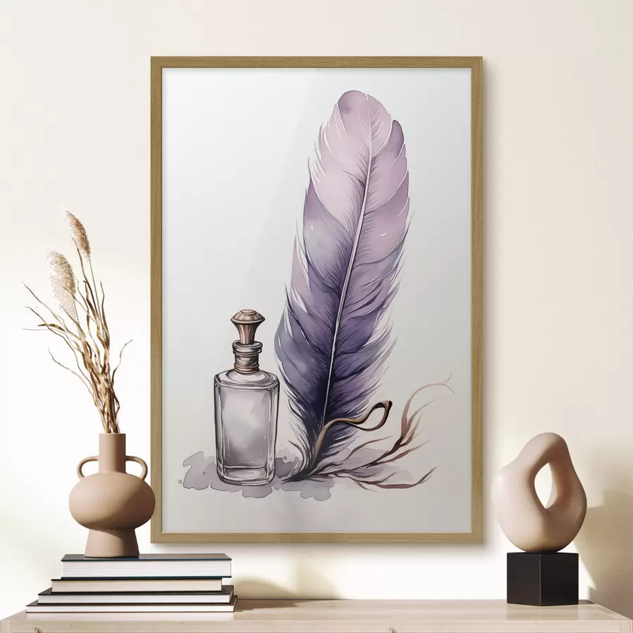 Papier peint Illustration à l'aquarelle d'une plume et d'une bouteille d'encre en verre f45410