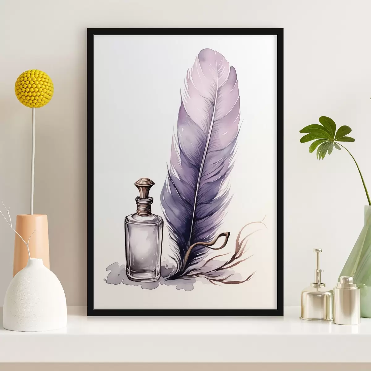 Poster Illustration à l'aquarelle d'une plume et d'une bouteille d'encre en verre f45410