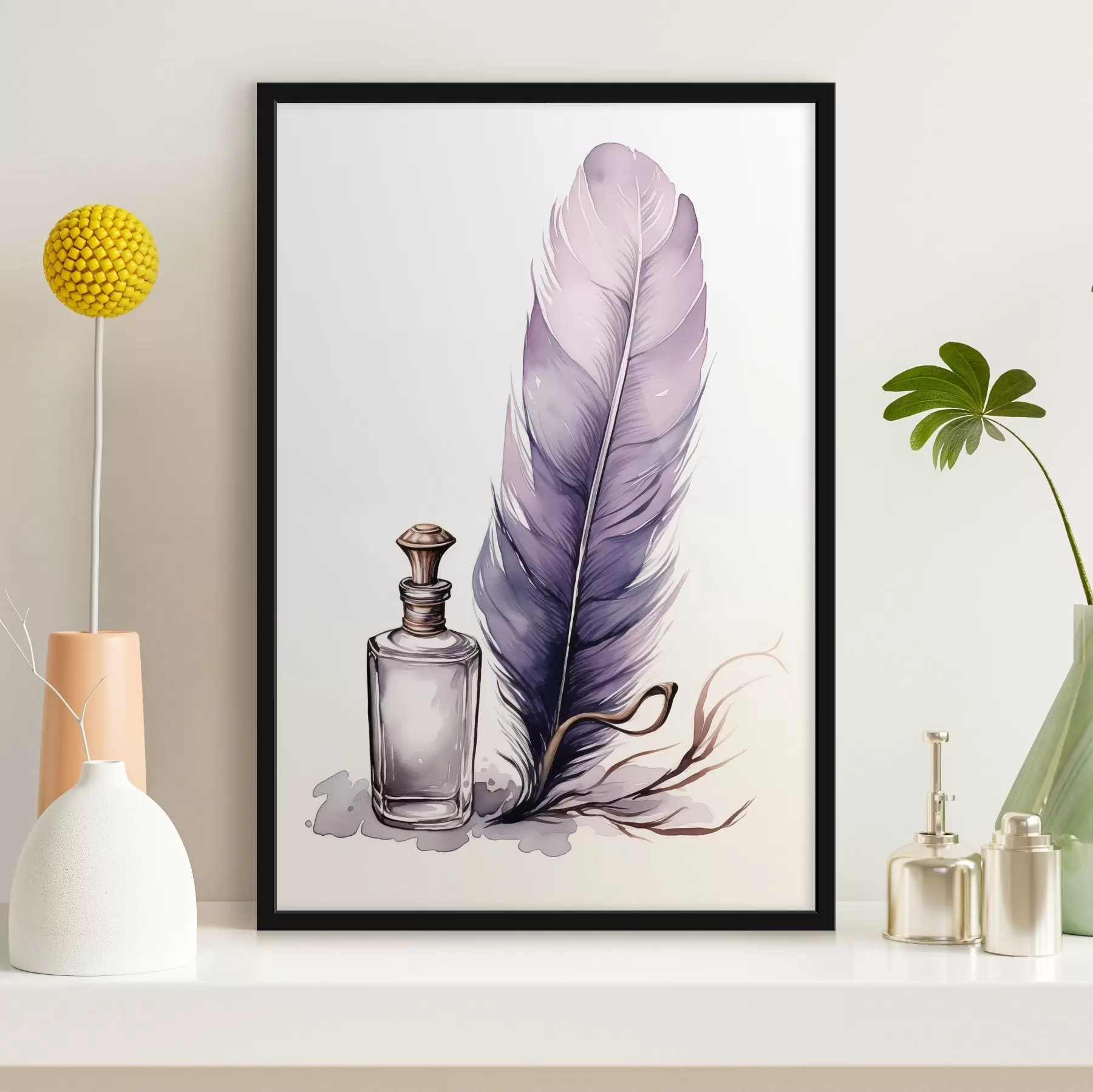 Papier peint Illustration à l'aquarelle d'une plume et d'une bouteille d'encre en verre f45410