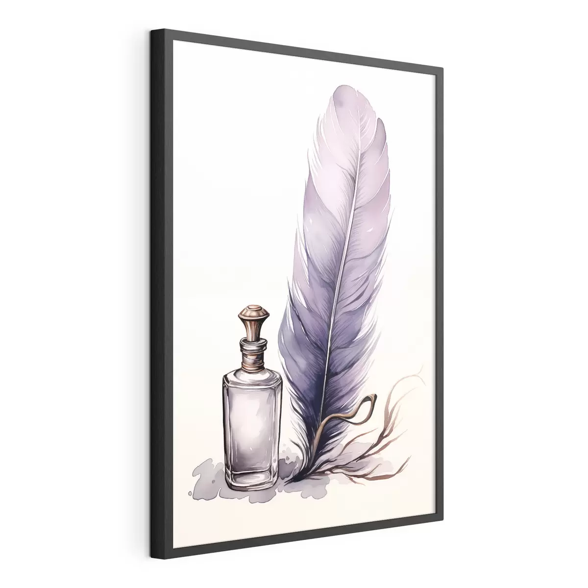 Poster Illustration à l'aquarelle d'une plume et d'une bouteille d'encre en verre f45410