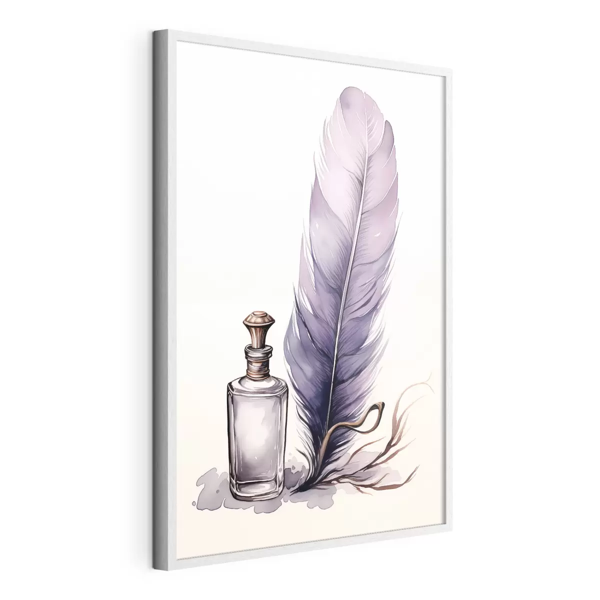 Poster Illustration à l'aquarelle d'une plume et d'une bouteille d'encre en verre f45410