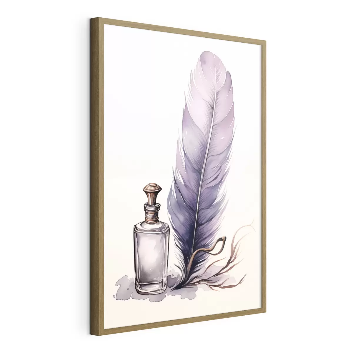 Poster Illustration à l'aquarelle d'une plume et d'une bouteille d'encre en verre f45410