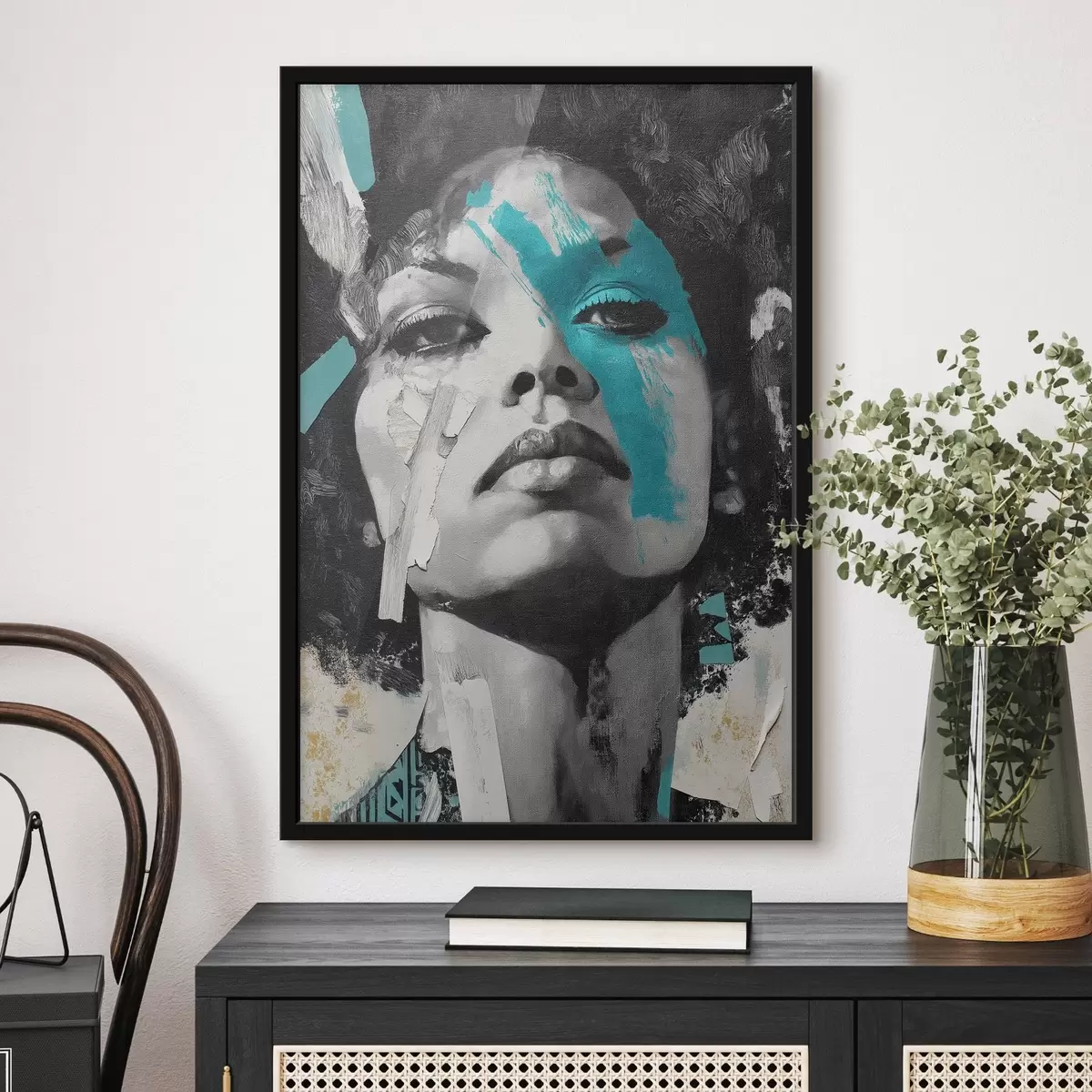Poster Portrait en techniques mixtes avec des fragments de touches de couleur et de textures f45416