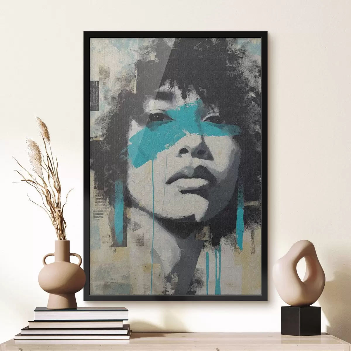 Poster Portrait en techniques mixtes avec des fragments de touches de couleur et de textures f45417