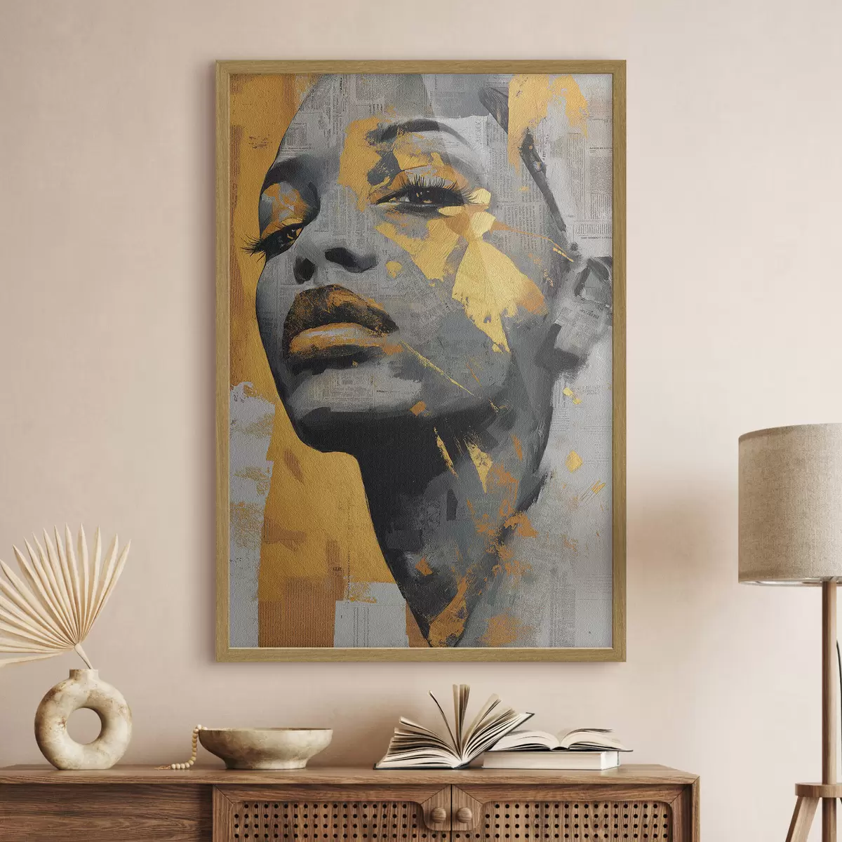 Poster Portrait en techniques mixtes avec des fragments de journaux et des coups de pinceau décoratifs f45419