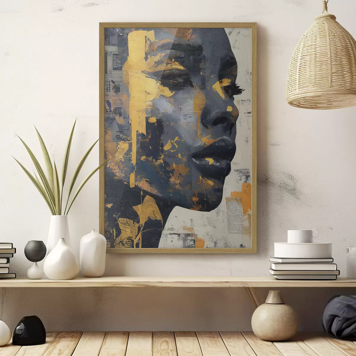 Poster Portrait en techniques mixtes avec des fragments de journaux et des coups de pinceau décoratifs f45420