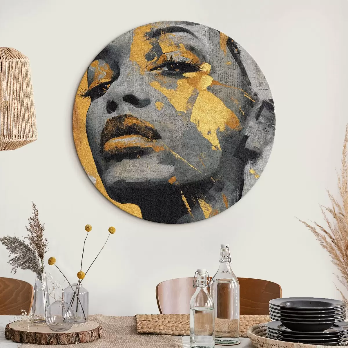 Tableaux rondes Portrait en techniques mixtes avec des fragments de journaux et des coups de pinceau décoratifs r45419