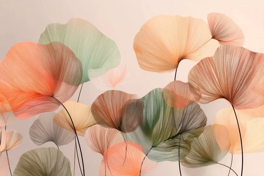 Papier peint feuilles de ginkgo multicolores avec nervures w04305