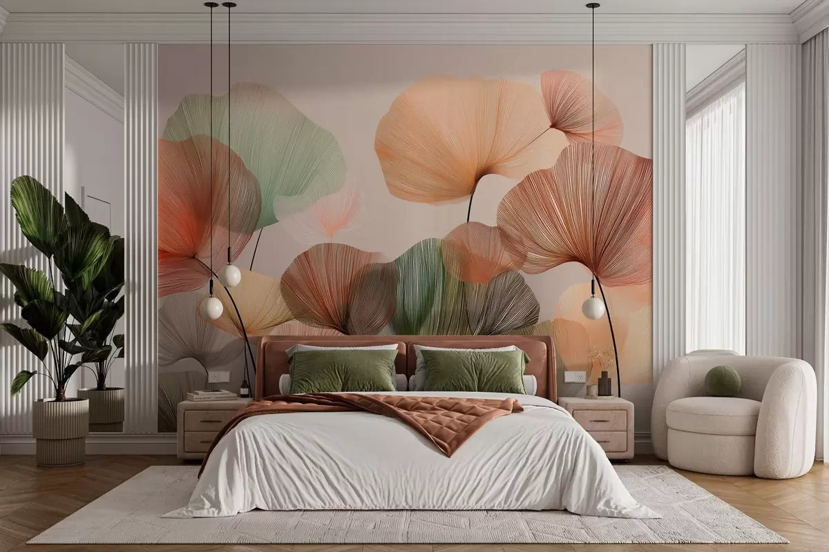 Papier peint feuilles de ginkgo multicolores avec nervures w04305