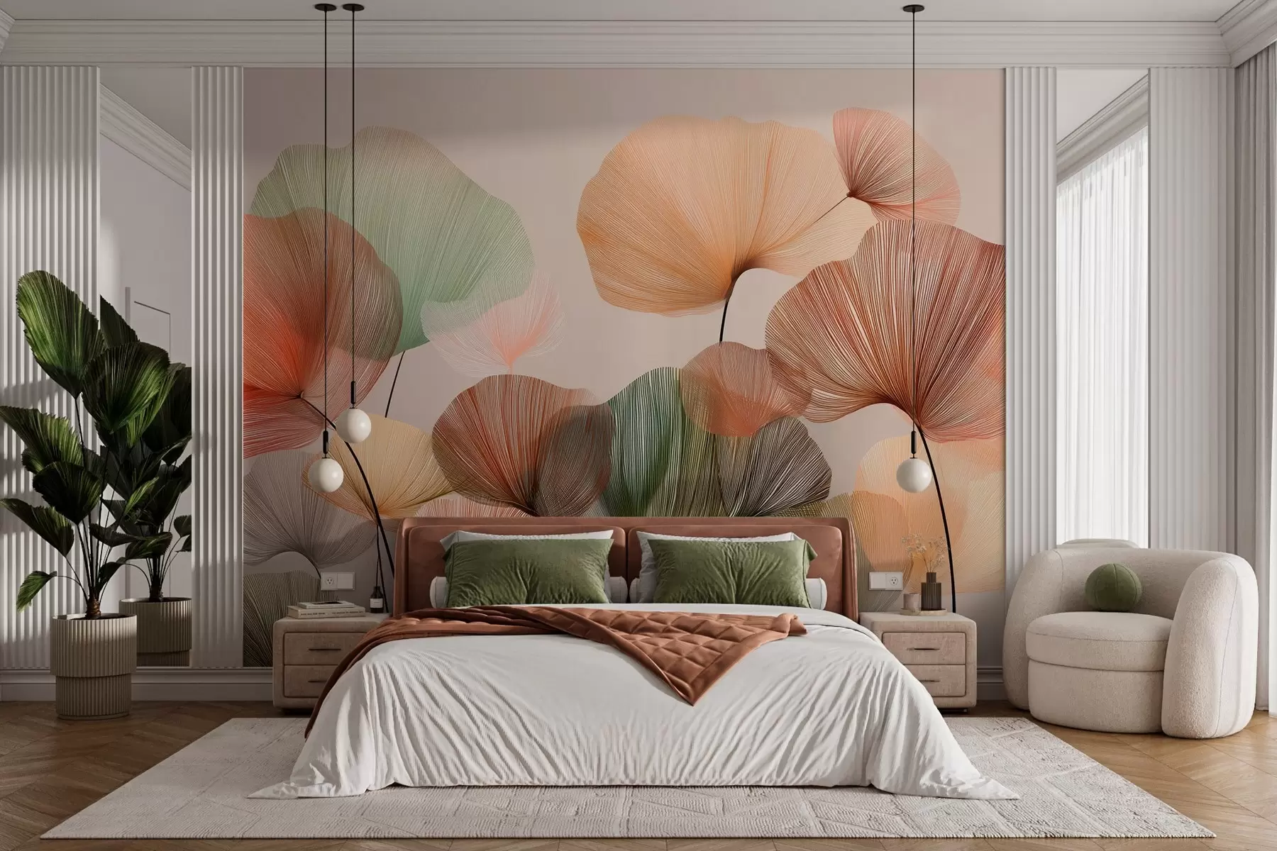 Papier peint feuilles de ginkgo multicolores avec nervures w04305