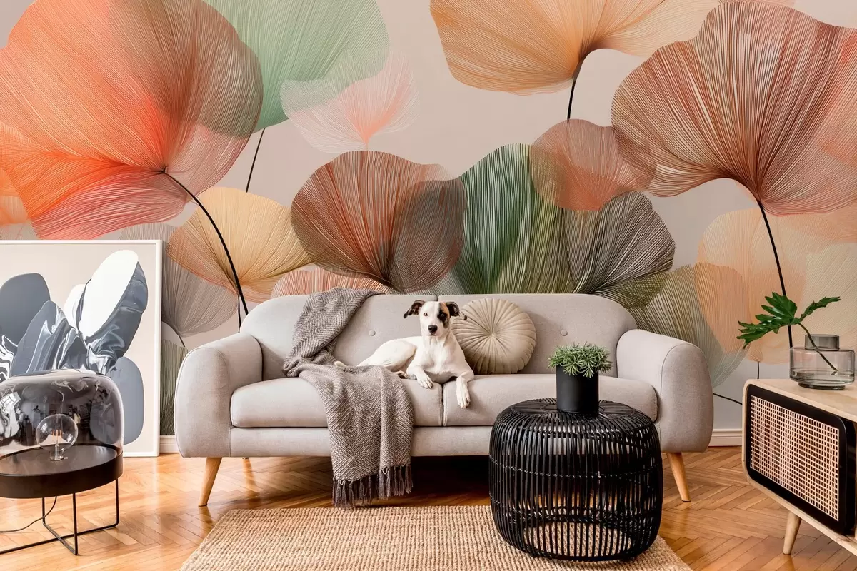 Papier peint feuilles de ginkgo multicolores avec nervures w04305