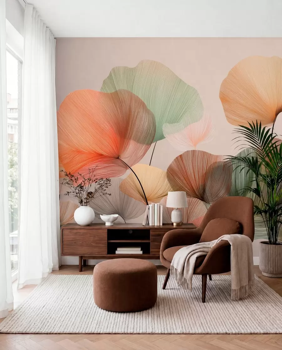 Papier peint feuilles de ginkgo multicolores avec nervures w04305