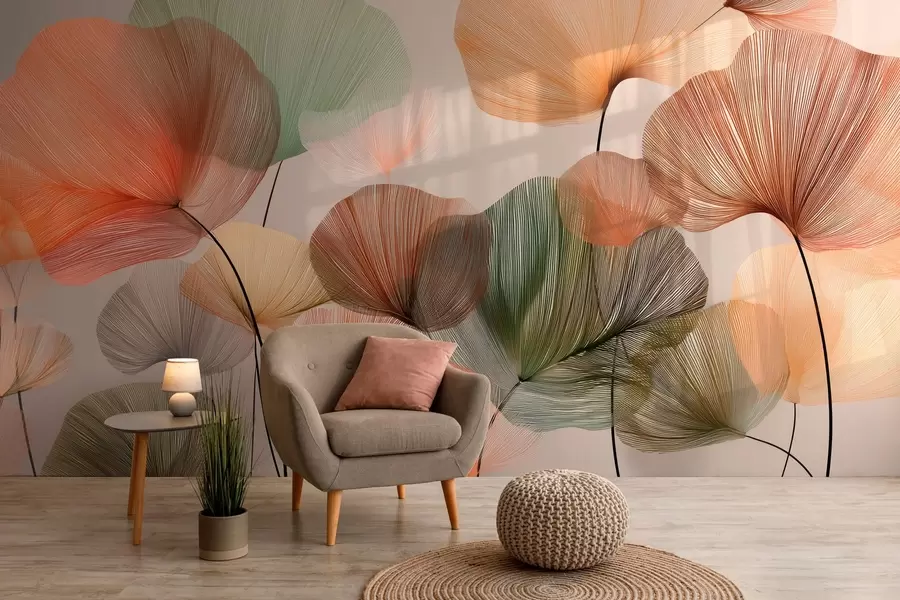 Papier peint feuilles de ginkgo multicolores avec nervures w04305