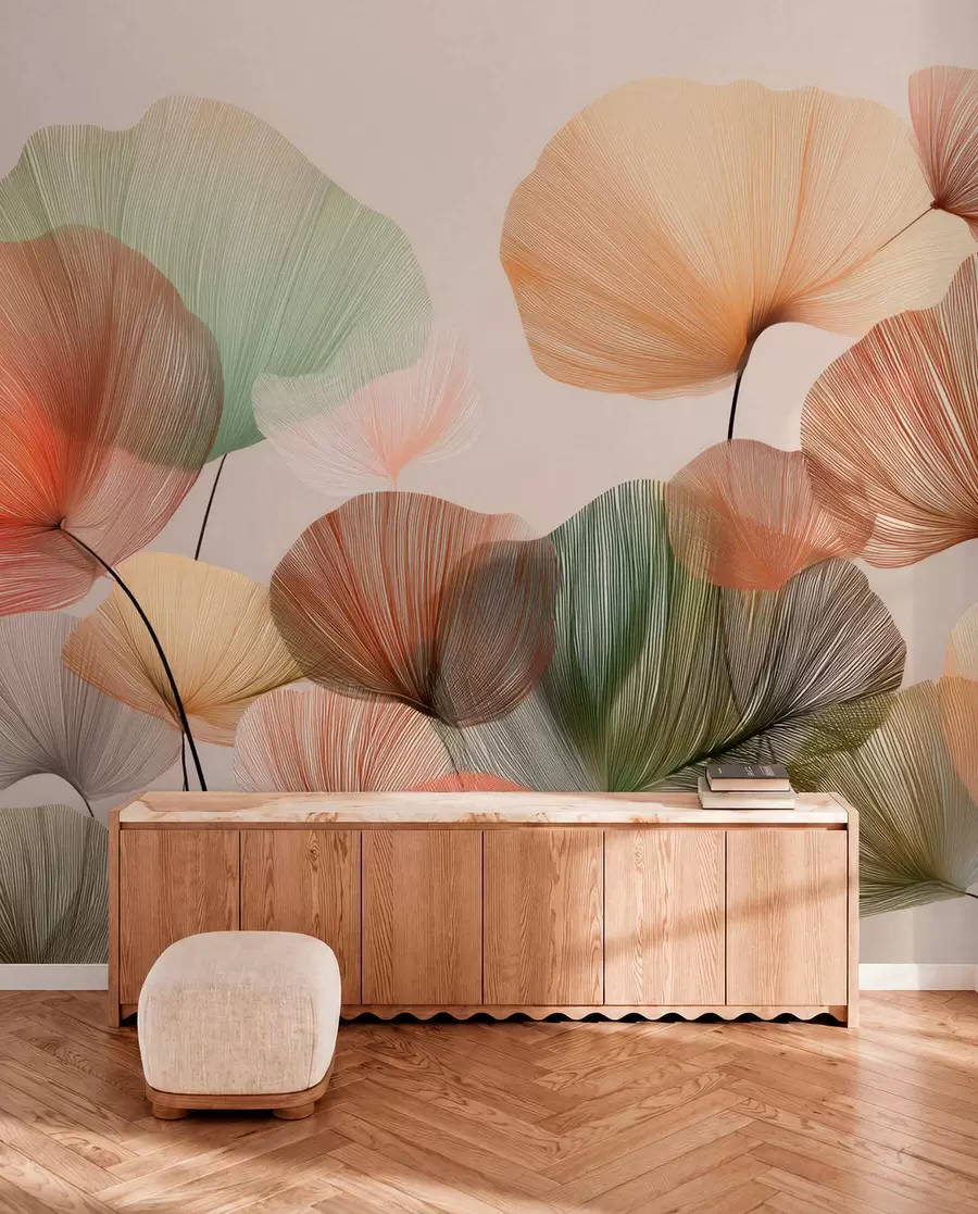 Papier peint feuilles de ginkgo multicolores avec nervures w04305