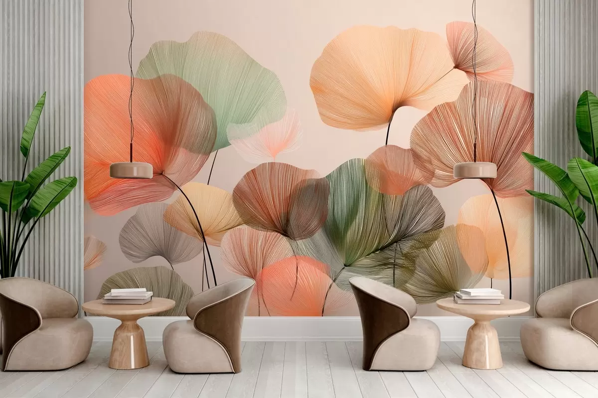 Papier peint feuilles de ginkgo multicolores avec nervures w04305