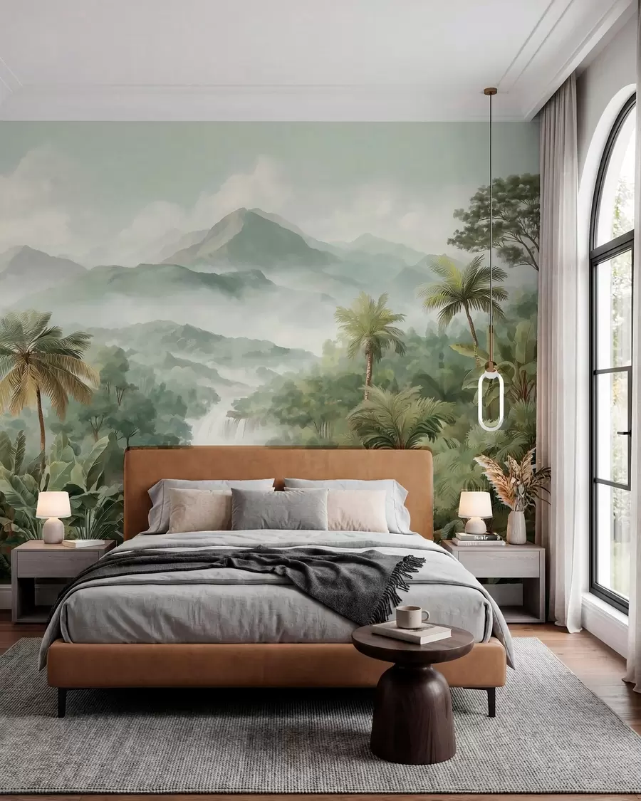 Papier peint jungle tropicale avec cascade w04306