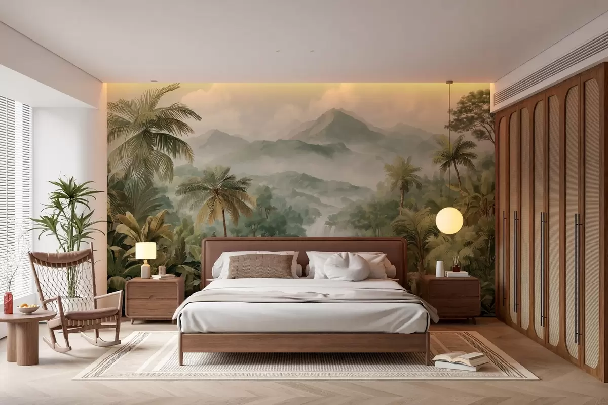 Papier peint jungle tropicale avec cascade w04306