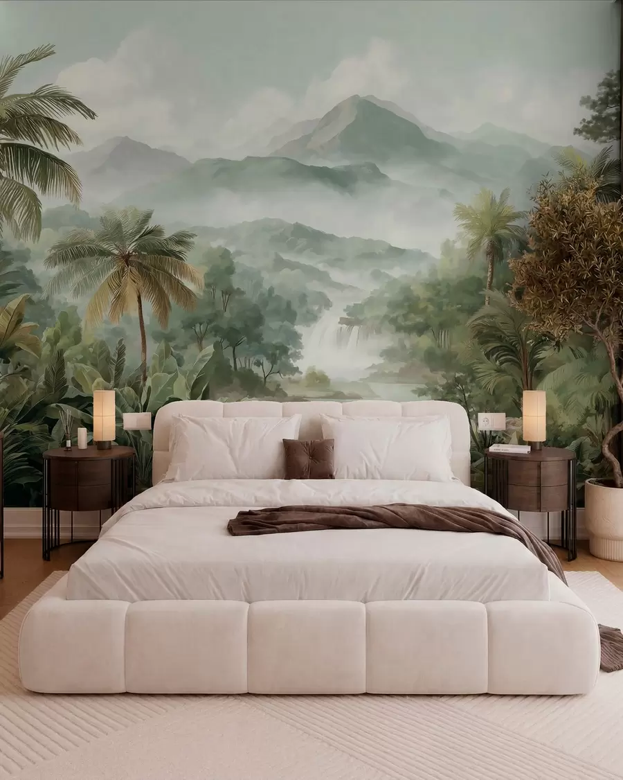 Papier peint jungle tropicale avec cascade w04306