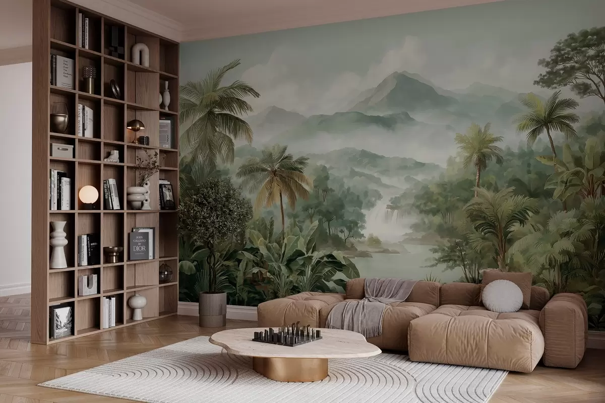 Papier peint jungle tropicale avec cascade w04306