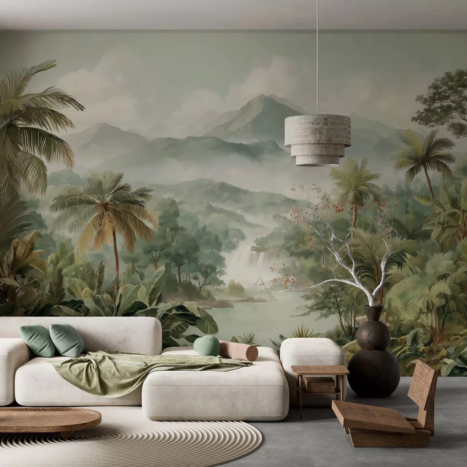 Papier peint jungle tropicale avec cascade w04306