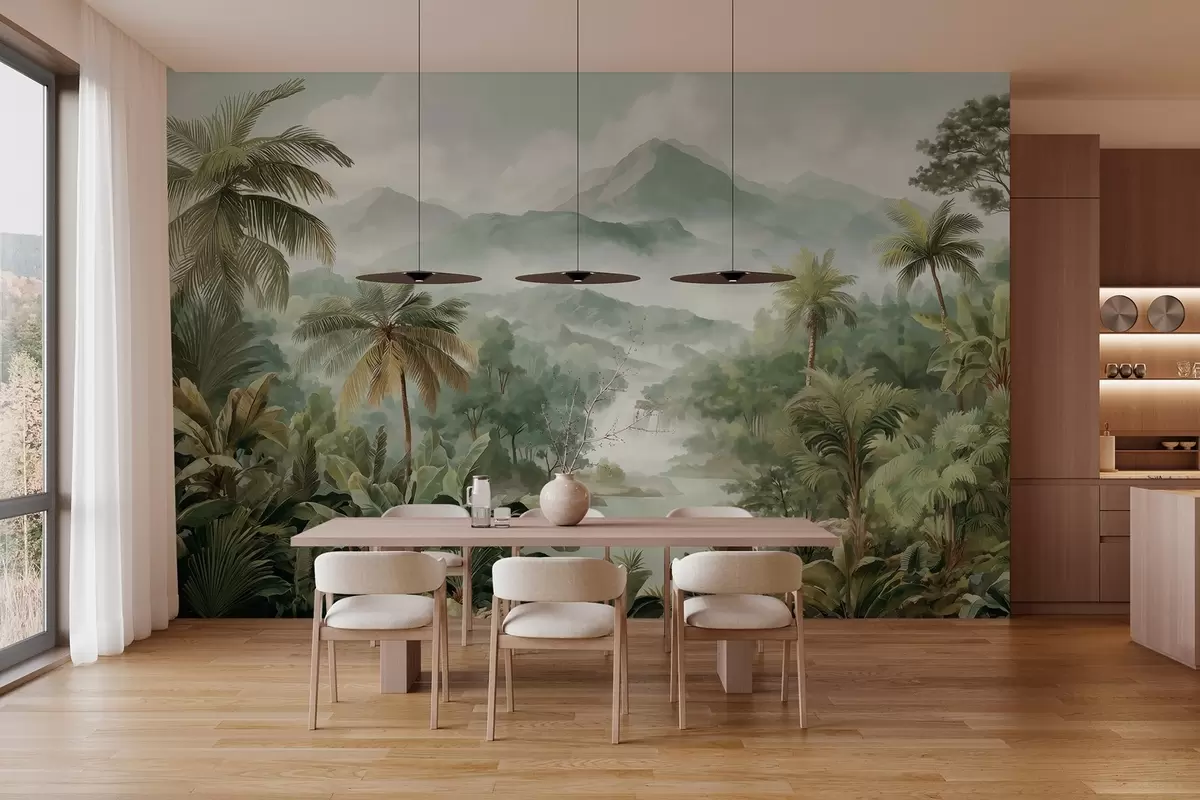 Papier peint jungle tropicale avec cascade w04306
