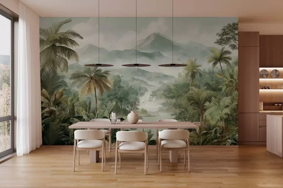 Papier peint jungle tropicale avec cascade w04306