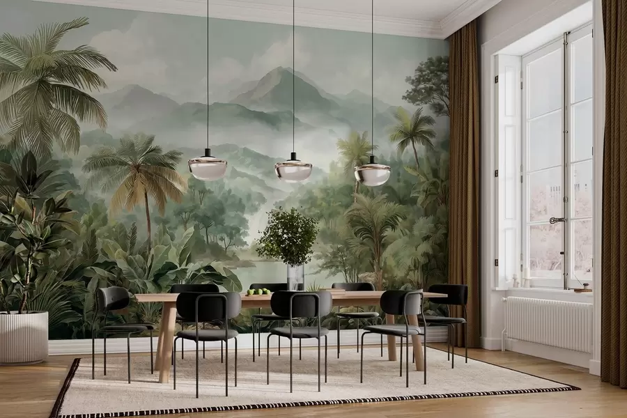 Papier peint jungle tropicale avec cascade w04306