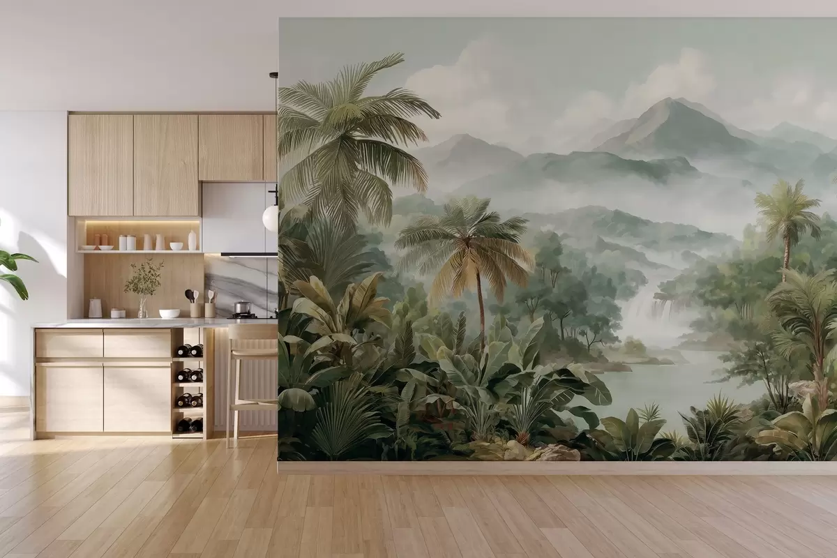 Papier peint jungle tropicale avec cascade w04306