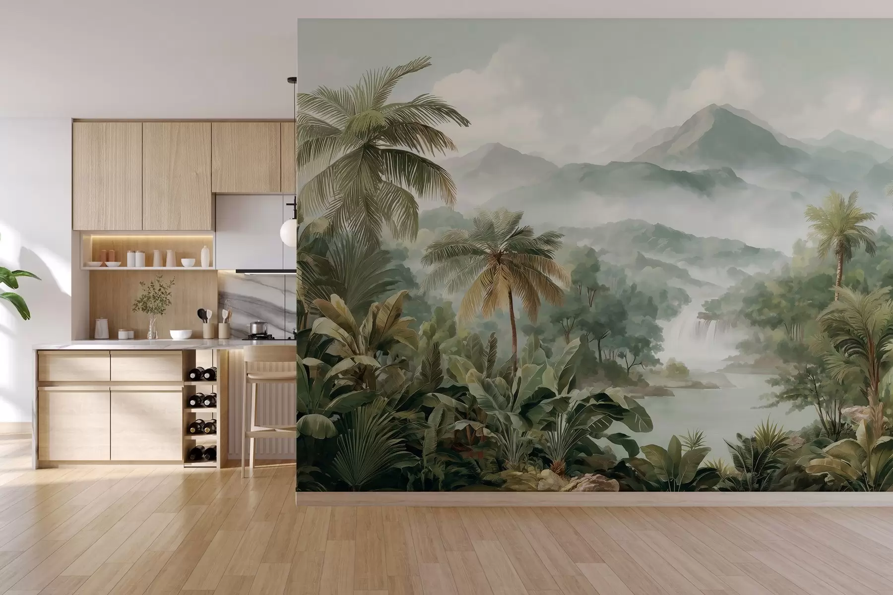 Papier peint jungle tropicale avec cascade w04306