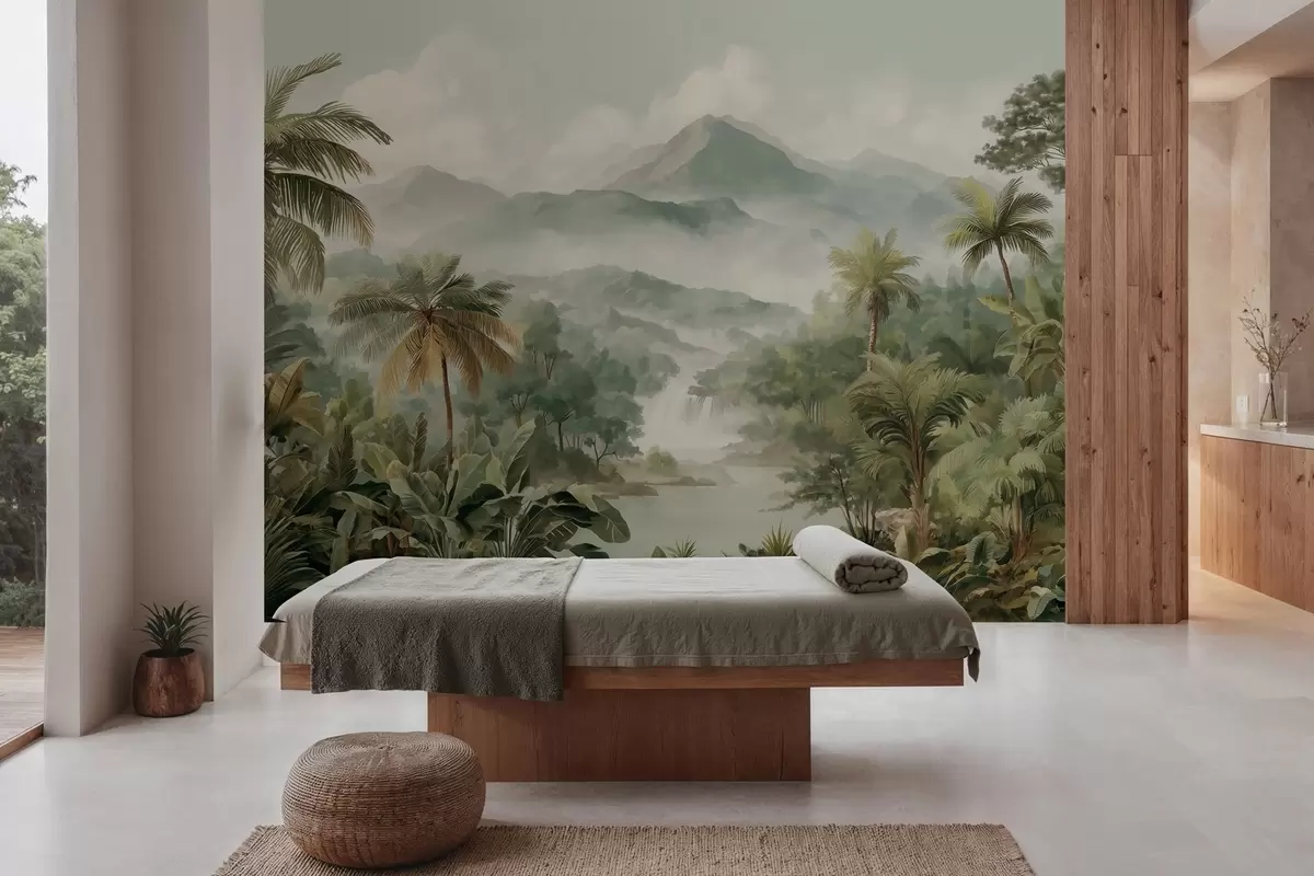 Papier peint jungle tropicale avec cascade w04306