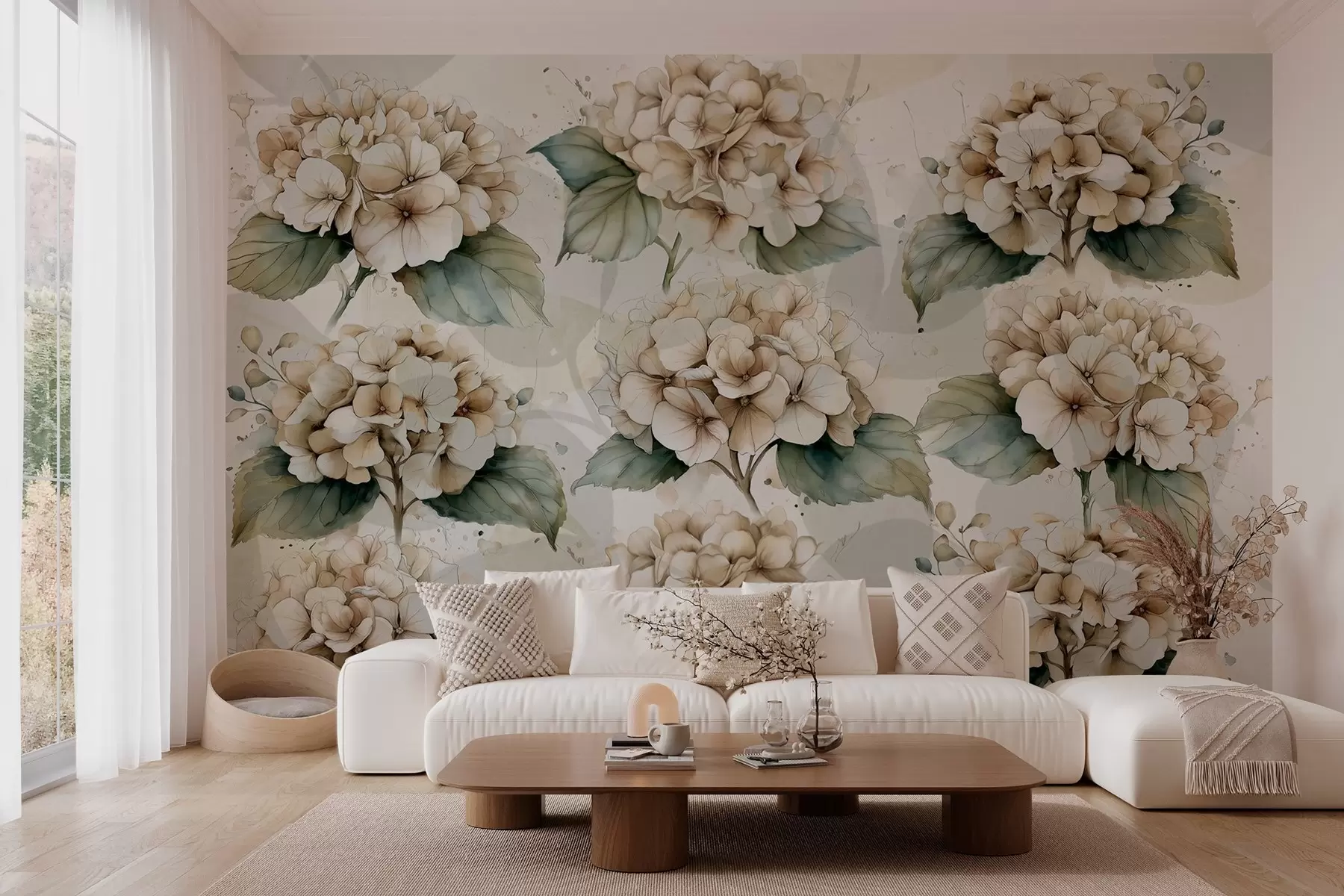 Papier peint grands hortensias en style aquarelle w04312