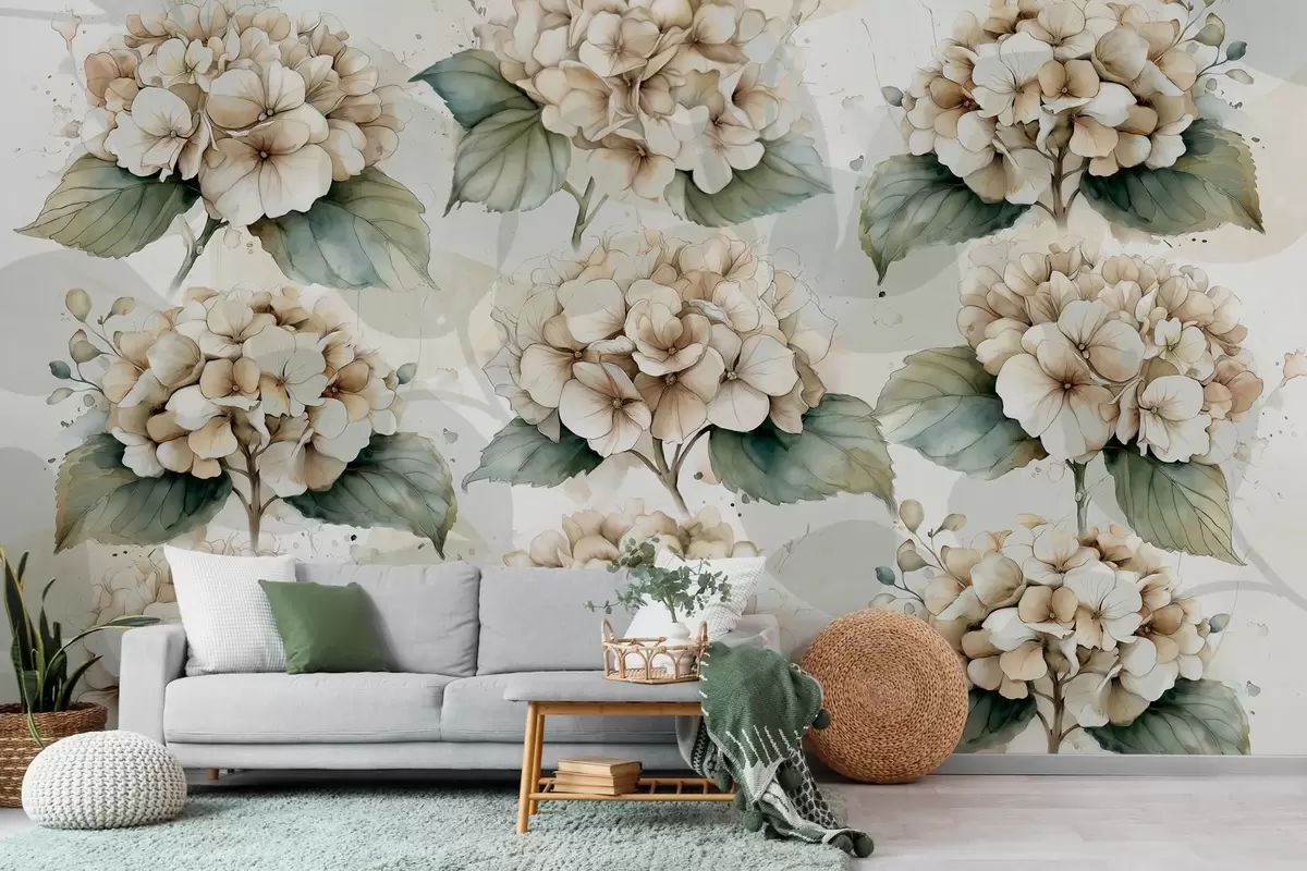 Papier peint grands hortensias en style aquarelle w04312