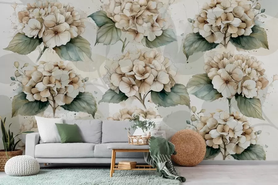 Papier peint grands hortensias en style aquarelle w04312