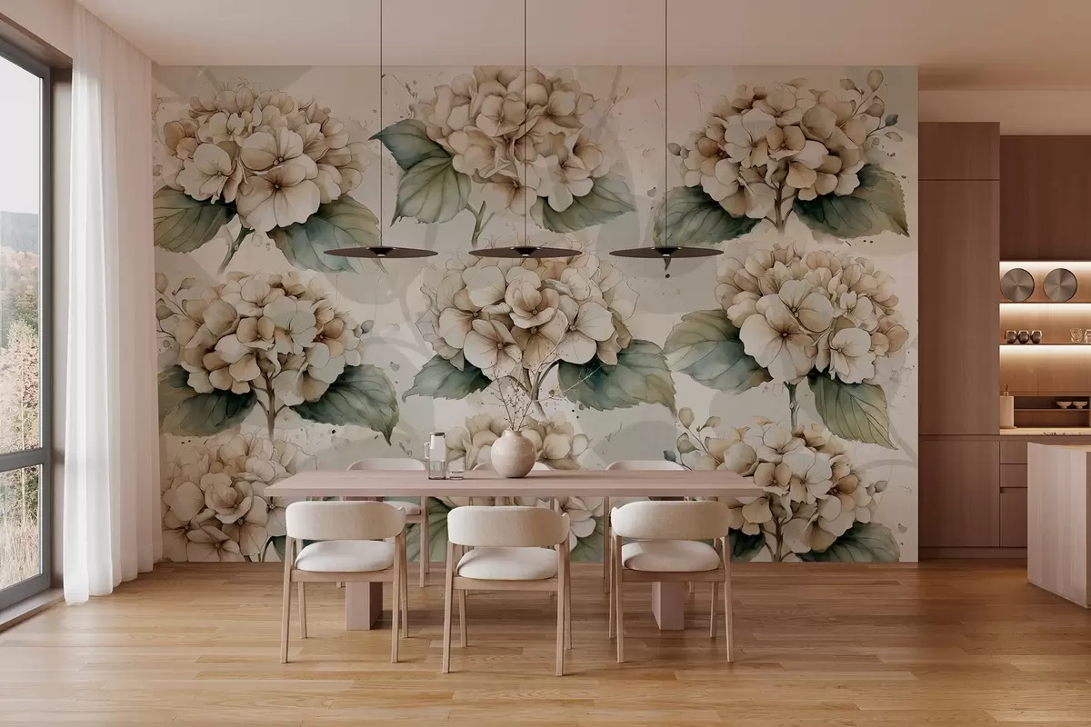 Papier peint grands hortensias en style aquarelle w04312