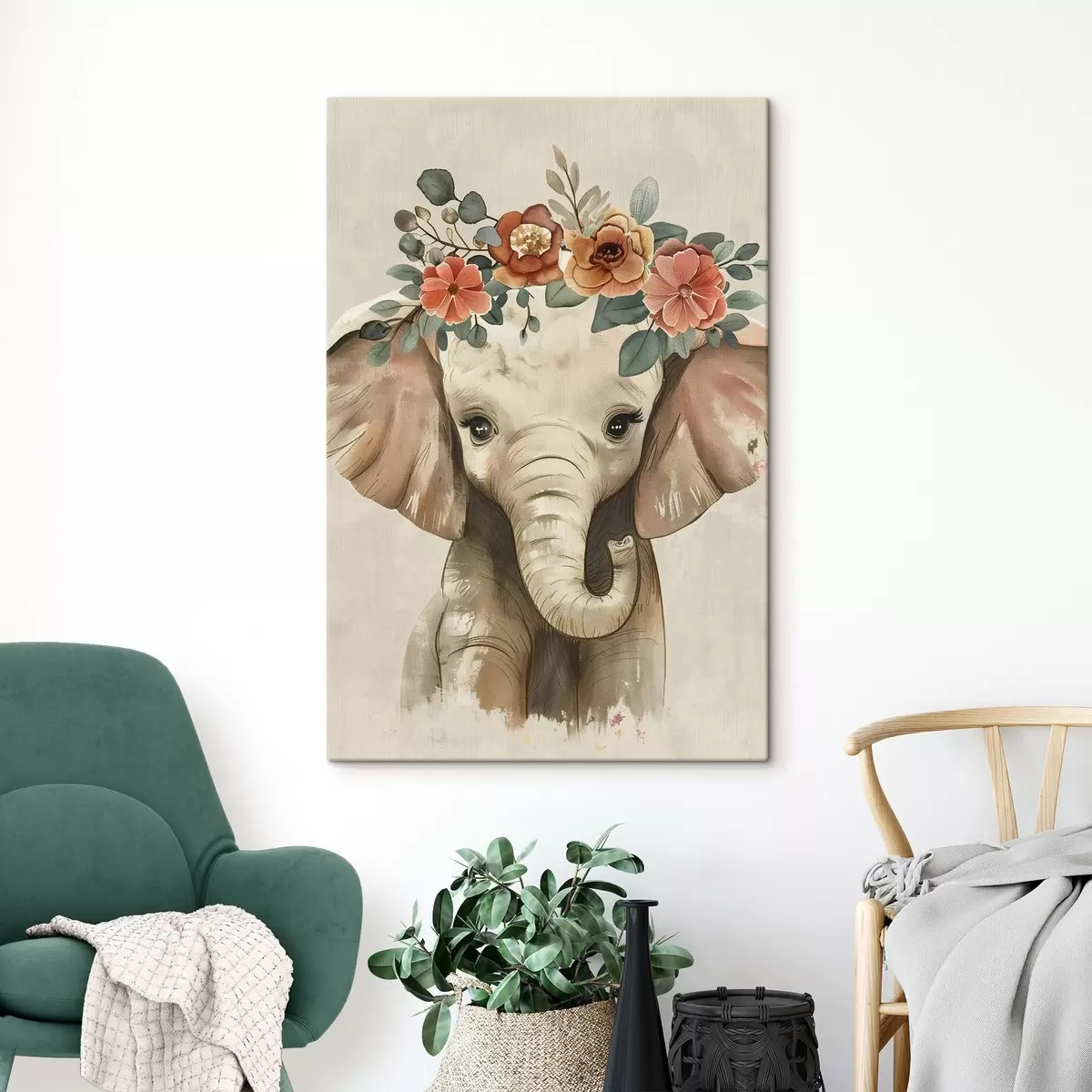 Tableau Mignon éléphant aquarelle avec des fleurs s45330