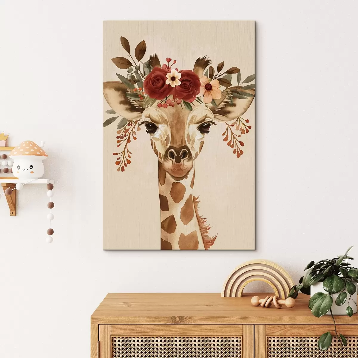 Tableau Girafe en style aquarelle avec des fleurs sur la tête s45331