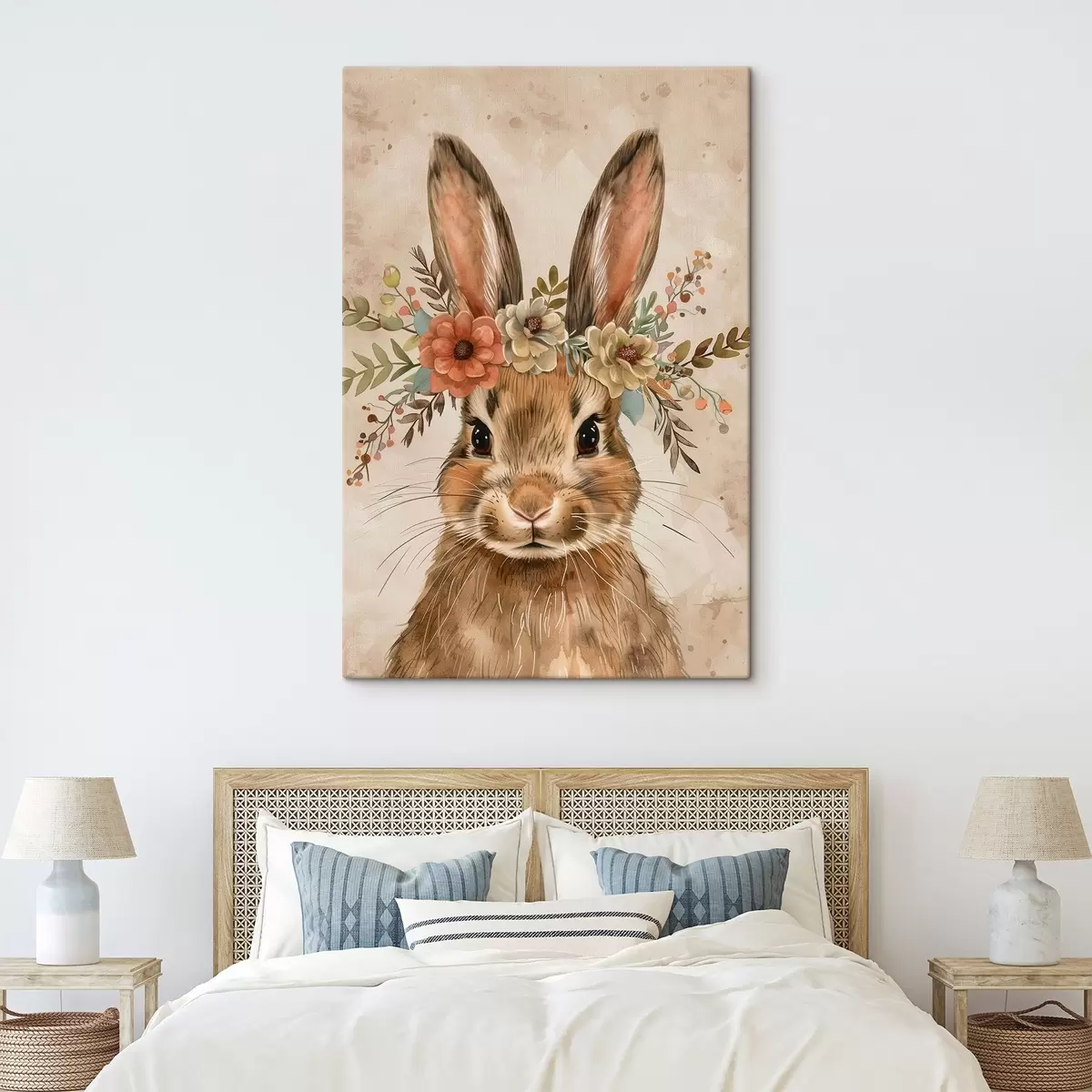 Tableau Lièvre mignon avec des fleurs en style aquarelle s45332