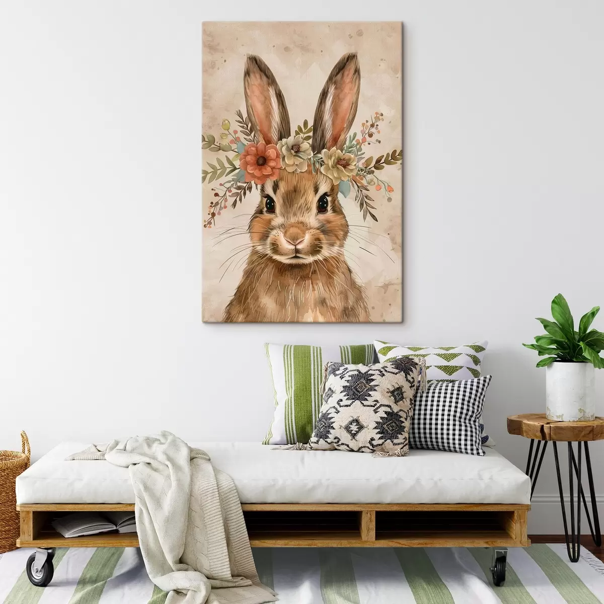 Tableau Lièvre mignon avec des fleurs en style aquarelle s45332