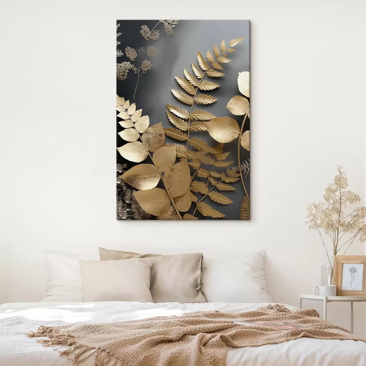 Tableau Branches d'eucalyptus et feuilles tropicales sur fond sombre s45333
