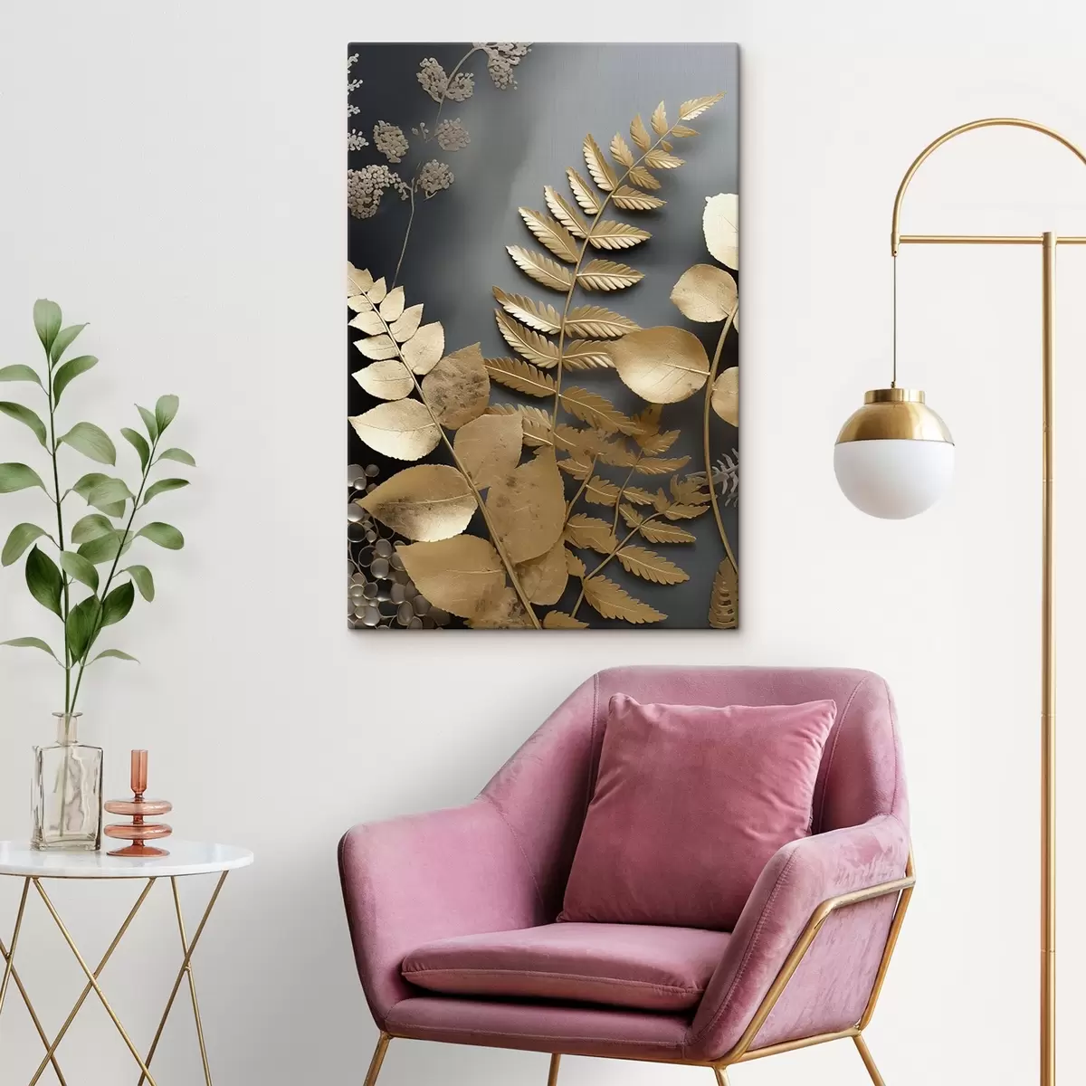 Tableau Branches d'eucalyptus et feuilles tropicales sur fond sombre s45333