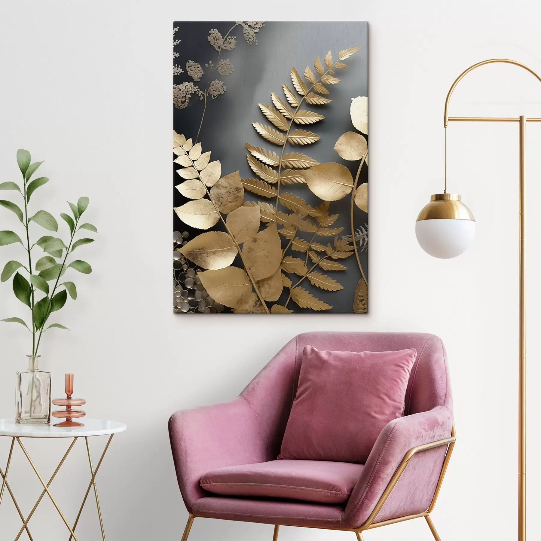Tableau Branches d'eucalyptus et feuilles tropicales sur fond sombre s45333