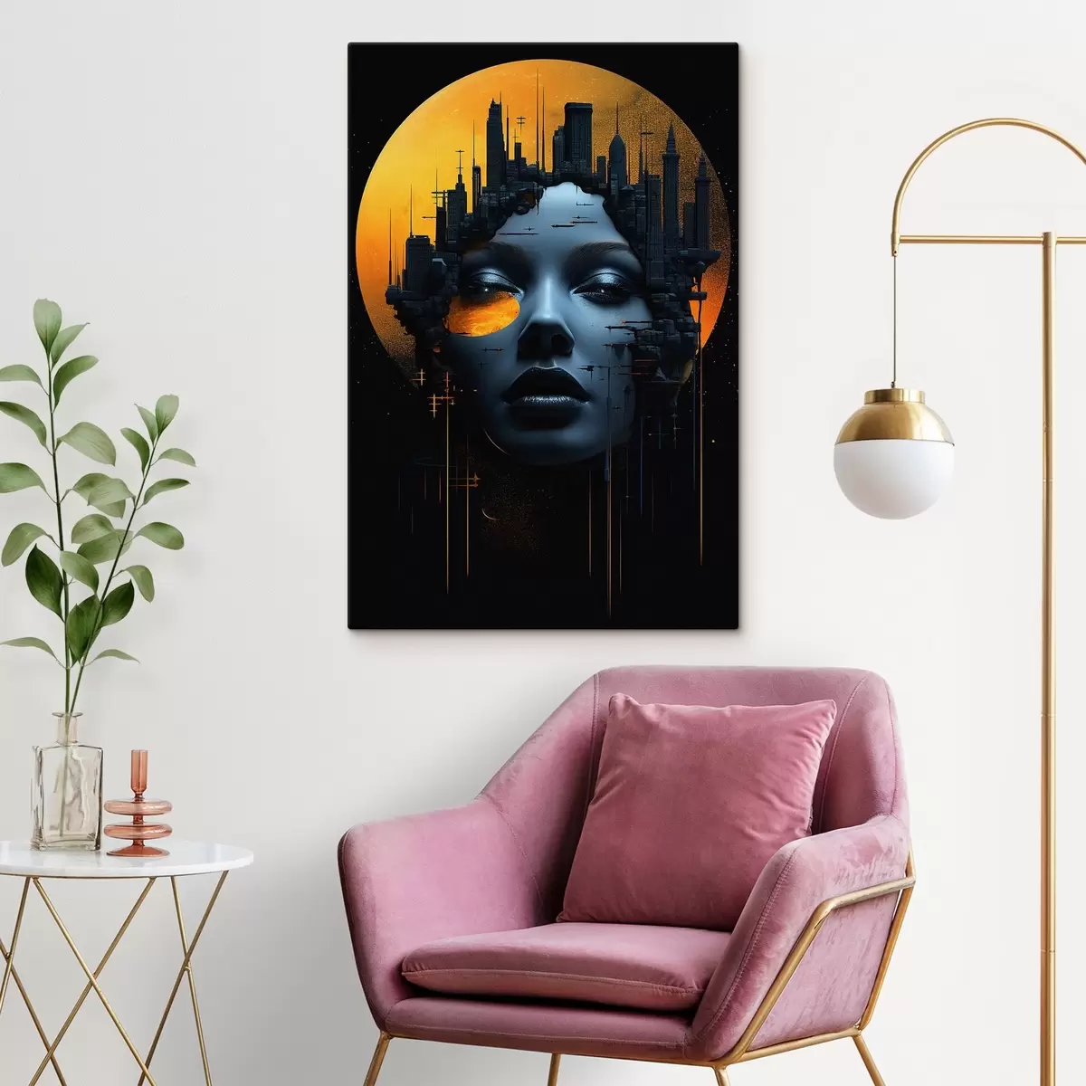 Tableau Personnes, visage de fille sur fond de ville, abstrait s45341