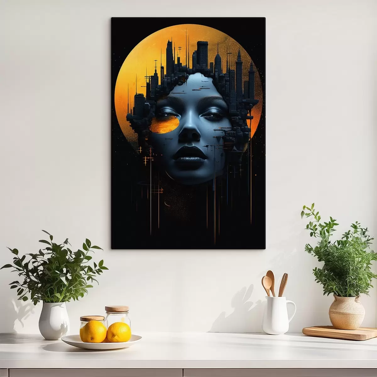 Tableau Personnes, visage de fille sur fond de ville, abstrait s45341