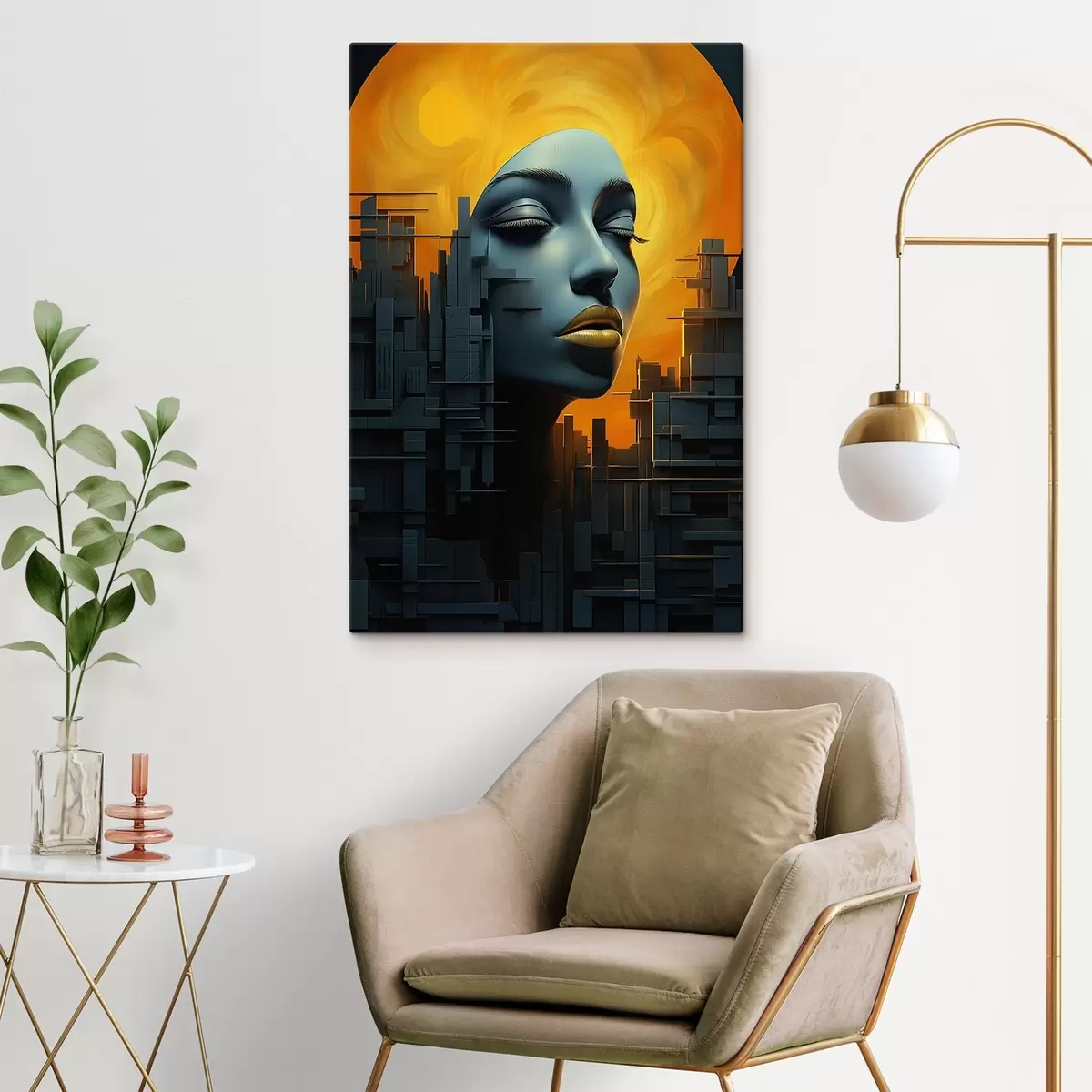 Tableau Personnes, visage de fille, ville sur fond abstrait s45342