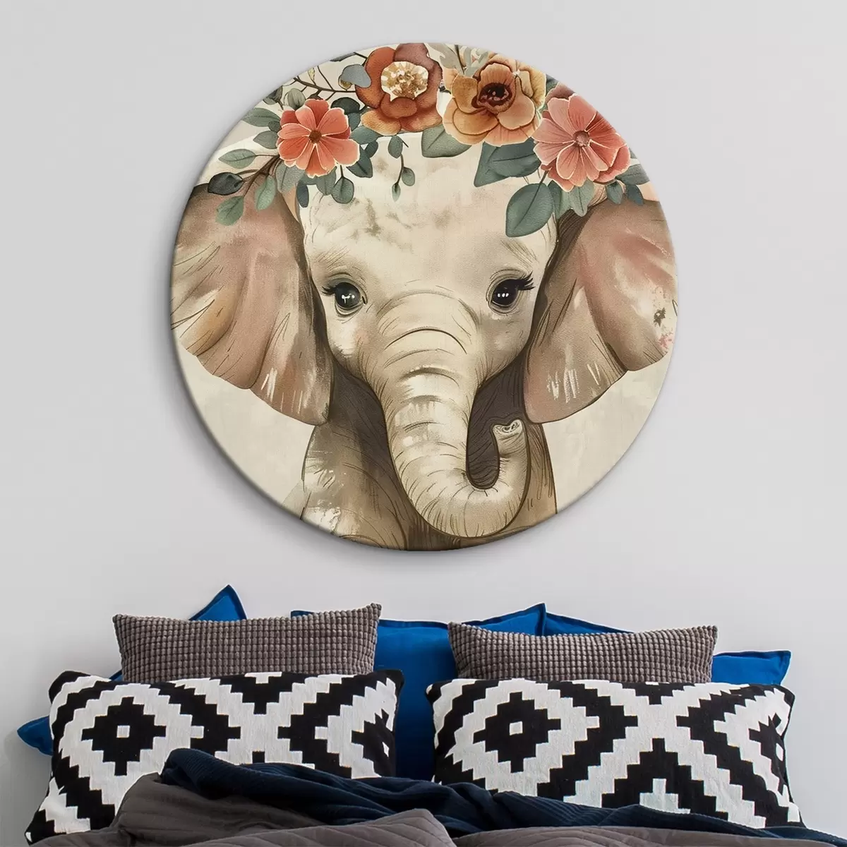 Tableaux rondes Mignon éléphant aquarelle avec des fleurs r45330