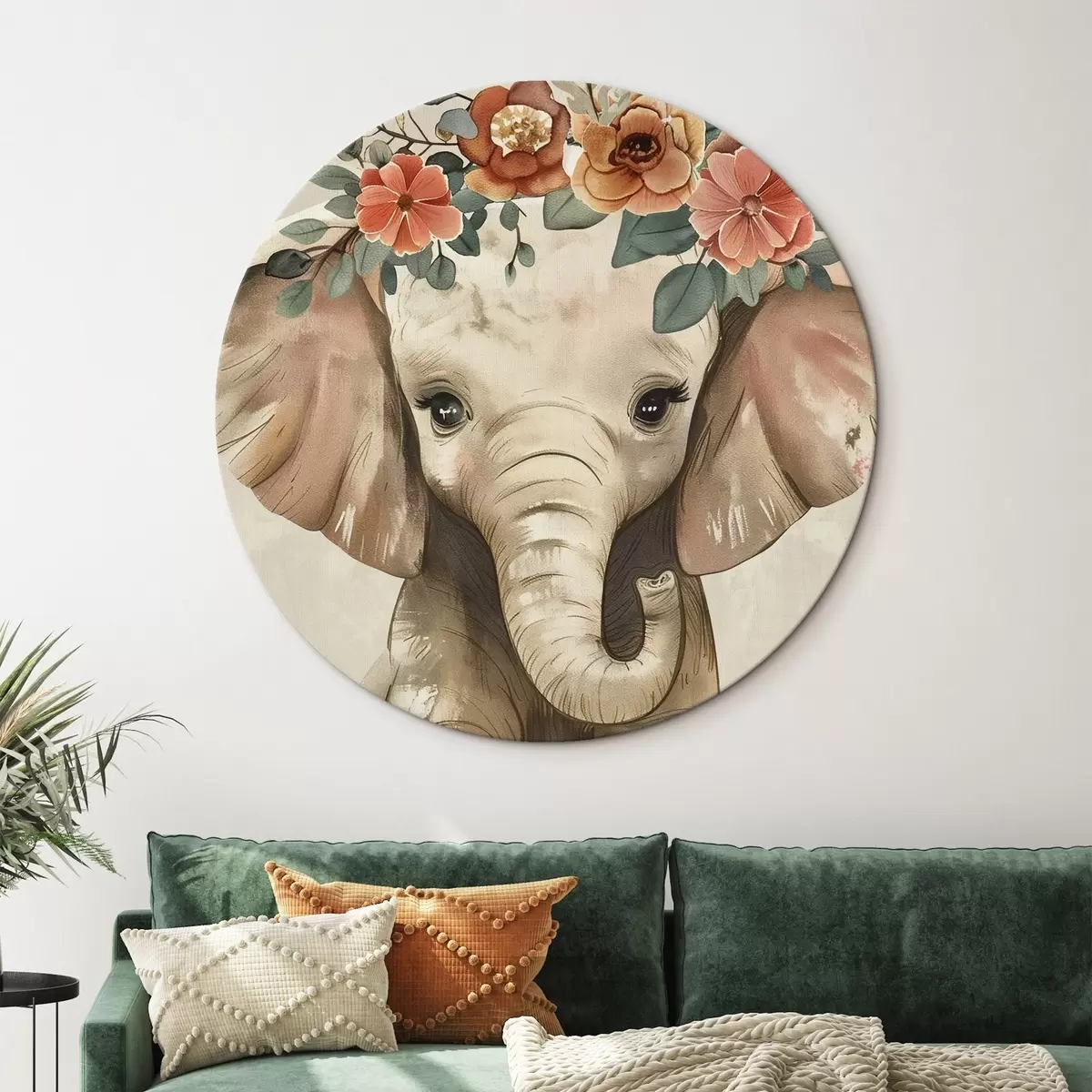 Tableaux rondes Mignon éléphant aquarelle avec des fleurs r45330