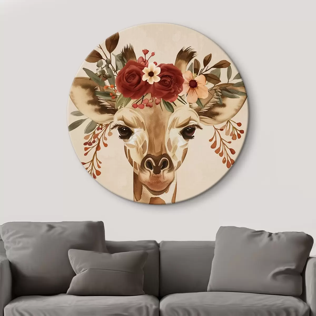 Tableaux rondes Girafe en style aquarelle avec des fleurs sur la tête r45331