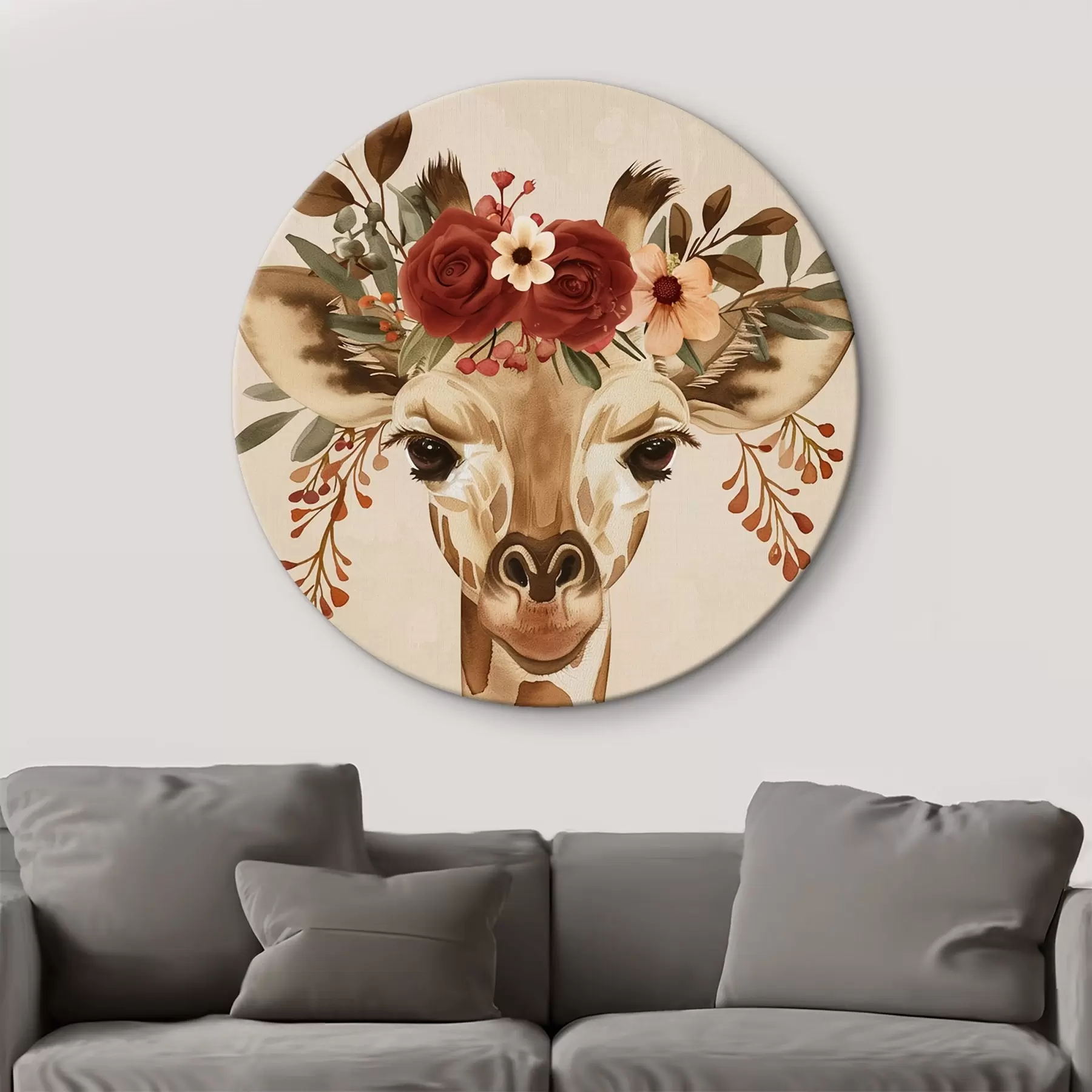 Tableau Girafe en style aquarelle avec des fleurs sur la tête r45331